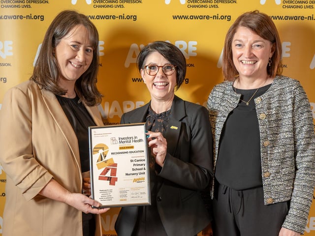 Staff from St Canice Primary School in Dungiven collect their accolade at AWARE NI's Investors in Mental Health Awards. The Curragh Road school was one of 10 schools from across the Derry City and Strabane council area to be recognised for their dedication to promoting positive mental health, alongside nine others including St Marys College and Strabane Academy. The schools integrated AWARE NI’s mental health programmes, such as Paws b Mindfulness and Mood Matters for Young People, into their curriculum and also maintained a consistent focus on mental health through initiatives like signposting, appointing mental health champions and creating dedicated mental health spaces.