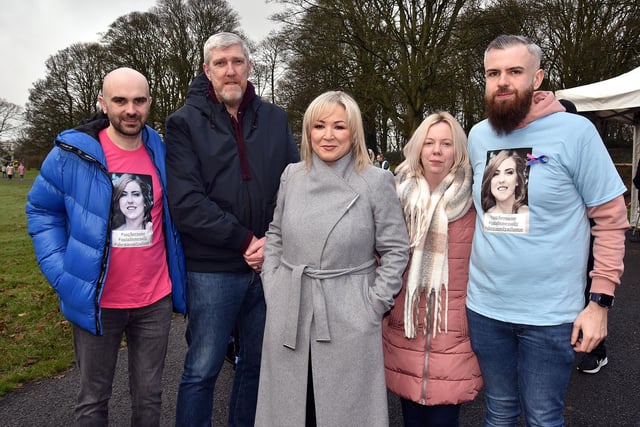 Sinn Fein's Michelle O'Neill and John O'Dowd, MLA pictured at the Natalie McNally vigil in Lurgan Park. Also included are Natalie's brothers, Declan, left, and Niall, right along with Councillor Catherine Nelson, second right. LM05-203.