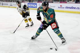 Belfast Giants' Jeff Baum with Nottingham Panthers’ Felix Pare.   Photo by William Cherry/Presseye