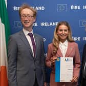 Aoife Dempsey receiving her Rotary Youth Leadership Development Competition award from Fearghas Ó Béara, Head of European Parliament Liaison Office in Ireland and Michael Fleming, District Governor of Rotary Ireland, at an event at Europe House in Dublin recently. [Photo: Ger Holland Photography]