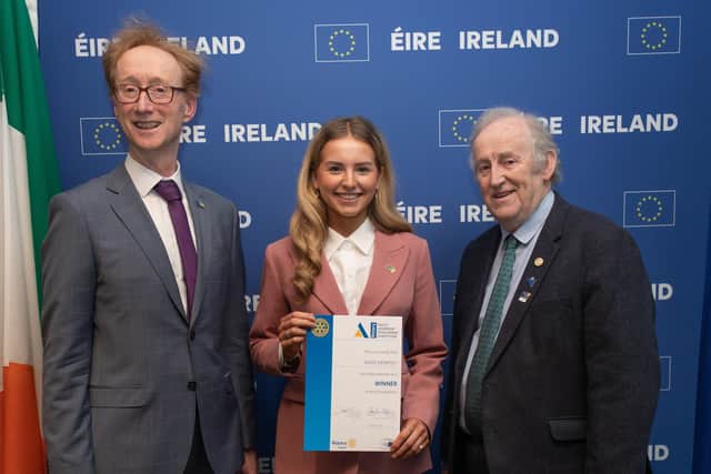 Aoife Dempsey receiving her Rotary Youth Leadership Development Competition award from Fearghas Ó Béara, Head of European Parliament Liaison Office in Ireland and Michael Fleming, District Governor of Rotary Ireland, at an event at Europe House in Dublin recently. [Photo: Ger Holland Photography]