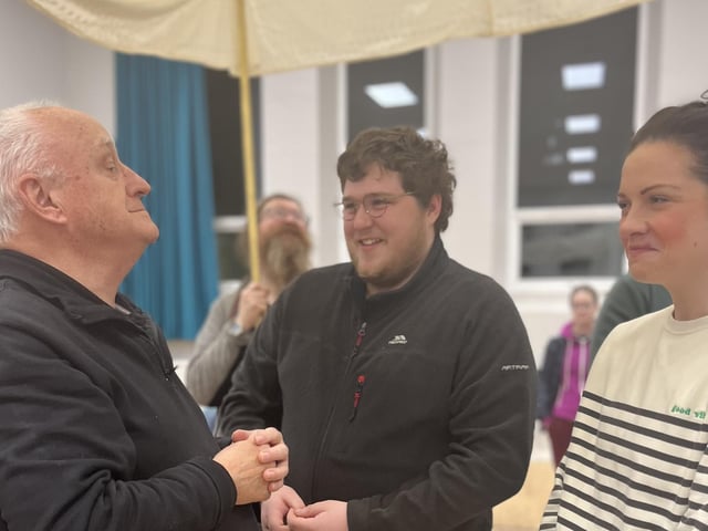 Pictured in rehearsals for Ballywillan Drama Group's production of Fiddler on the Roof are Harry Stinson, Patrick Connor and Clare Campbell.