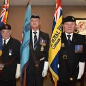 RBL standard bearers at the Festival of Remembrance in Craigavon Civic Centre including from left: Kenny Adair, Donaghcloney RBL, Andrew Conn, RAFA NI, and Mervyn McAleese, Lurgan and Brownlow RBL. PT44-200.