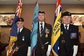 RBL standard bearers at the Festival of Remembrance in Craigavon Civic Centre including from left: Kenny Adair, Donaghcloney RBL, Andrew Conn, RAFA NI, and Mervyn McAleese, Lurgan and Brownlow RBL. PT44-200.