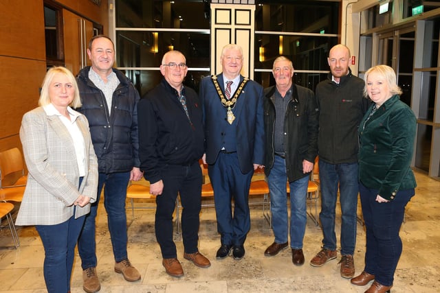 Jonathan Kerr WDM, Keith Hutchinson DDM, Lindsay Graham DS and Mark Kelly PWDM, from Macosquin Dist LOL 8 and Macosquin Village Community Association  pictured with Cllr Steven Callaghan, Mayor of Causeway Coast and Glens Borough, Alderman Michelle Knight-McQuillan and  Cllr Dawn Huggins at a reception for Bann DEA community representatives.