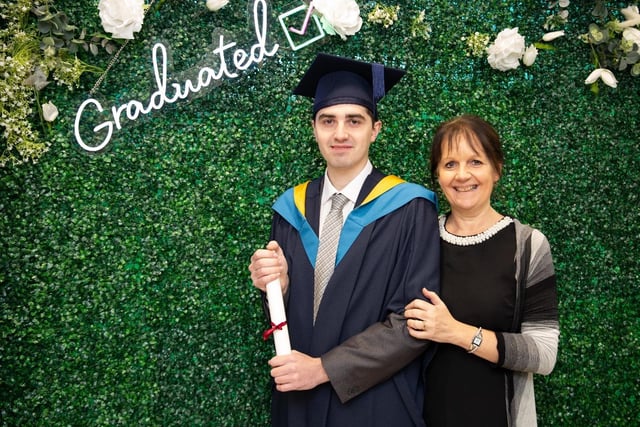 South West College (SWC) Dungannon campus graduate Pierre-Louis Hagan from Banbridge, with his Mum celebrating his achievements on the Open University BEng (Hons) Engineering.
