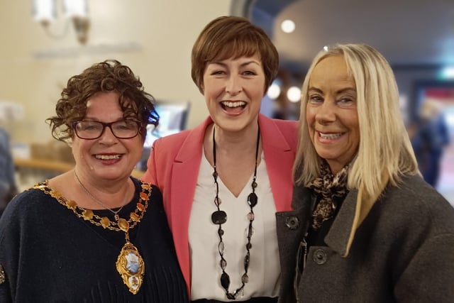 All smiles at the Rotary Club of Larne charity breakfast are Mid and East Antrim Mayor Alderman Gerardine Mulvenna, guest speaker Donna Traynor and fashion designer Geraldine Connon.