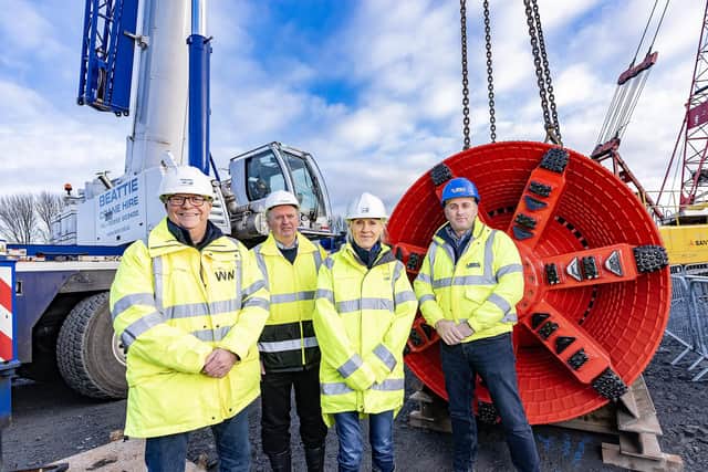 Pictured at the arrival of the Tunnel Boring Machine are: (L-R) Mark Mitchell NI Water, Norman Annesley McAdam, Lisa Hughes NI Water and Conor Ward from BSG. Picture: NI Water