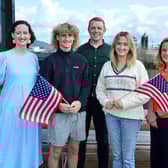 Students Nicolas Moore and Rebekah Dunbar are pictured (from left to right) with Dr. Erin Hinson, Study USA Student Support Advisor, Richard Leeman, Skills Division, Department for the Economy, Northern Ireland, and Mary Mallon, Head of Education, British Council Northern Ireland. Credit: British Council NI