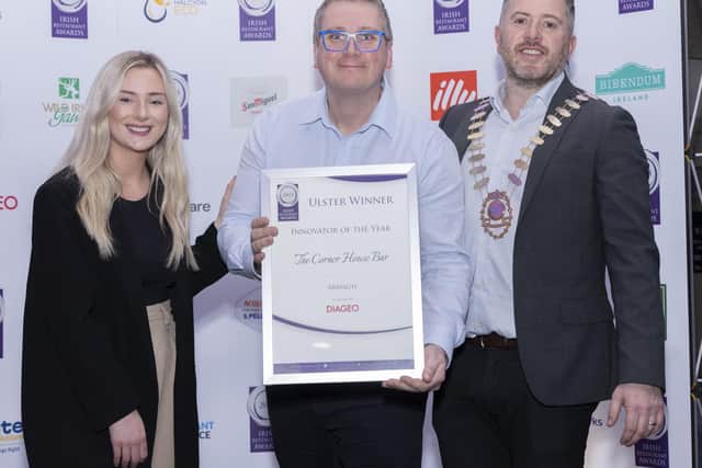 Winner of the Innovator of the Year Award, Trevor McCann (centre) from The Corner House Bar, Lurgan is pictured with the President of the Restaurants Association of Ireland, Paul Lenehan and a representative from Diageo. Picture: Paul Sherwood