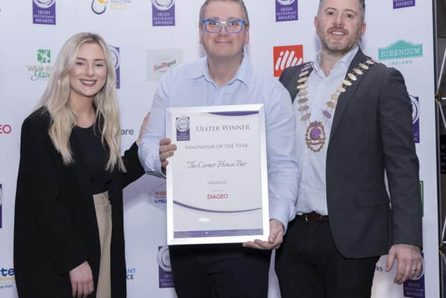 Winner of the Innovator of the Year Award, Trevor McCann (centre) from The Corner House Bar, Lurgan is pictured with the President of the Restaurants Association of Ireland, Paul Lenehan and a representative from Diageo. Picture: Paul Sherwood