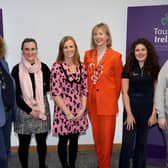 Eimear Flanagan, Away a Wee Walk; Heather Nicholl, Ella Mor; Kerrie McGonigle, Visit Causeway; Monica MacLaverty, Tourism Ireland; Amy Patterson, Crindle Stables & Crindle Bespoke; and Derek Moore, Limitless Adventure Centre, at the launch of Tourism Ireland’s 2023 marketing plans in Belfast