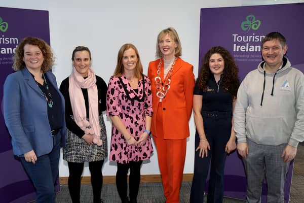 Eimear Flanagan, Away a Wee Walk; Heather Nicholl, Ella Mor; Kerrie McGonigle, Visit Causeway; Monica MacLaverty, Tourism Ireland; Amy Patterson, Crindle Stables & Crindle Bespoke; and Derek Moore, Limitless Adventure Centre, at the launch of Tourism Ireland’s 2023 marketing plans in Belfast