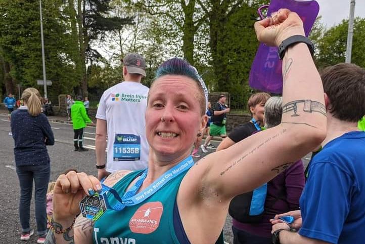 Tanya looking pleased after running in aid of Rathcoole Primary School and Air Ambulance Northern Ireland.