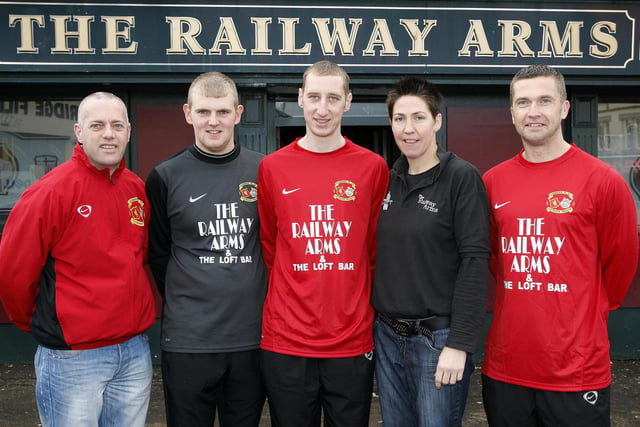 Mark Kane, manager, Ryan McGrath, Dean Kane, Claire Johnston, The Railway Arms, and Nigel Campbell, captain, pictured with the Coleraine Liverpool Supporters Club new strip which has been sponsored by The Railway Arms back in 2010