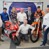 Malcolm Beattie, Martin Barr (One of UK & Ireland’s Top Motocross Riders), Theresa Morrissey (Commercial and Financial Director of Eikon Exhibition Centre), David Nelson, Kenny Gardner, Councillor Scott Carson (Mayor of Lisburn & Castlereagh City Council), Cole McCullough (Milwaukie, Hitachi Team UK KTM rider) and  Jonathan Fairley Photos by Brian Thompson Photography