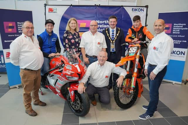 Malcolm Beattie, Martin Barr (One of UK & Ireland’s Top Motocross Riders), Theresa Morrissey (Commercial and Financial Director of Eikon Exhibition Centre), David Nelson, Kenny Gardner, Councillor Scott Carson (Mayor of Lisburn & Castlereagh City Council), Cole McCullough (Milwaukie, Hitachi Team UK KTM rider) and  Jonathan Fairley Photos by Brian Thompson Photography