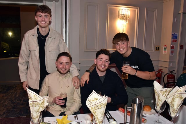 Staff from Craft Barbers, Portadown, who enjoyed the Seagoe Hotel Christmas Party Night on Saturday night. Included are from left, Jason Oliver, Damian O'Hagan, Rodger Mulholland and Kourt Irwin. PT51-268.