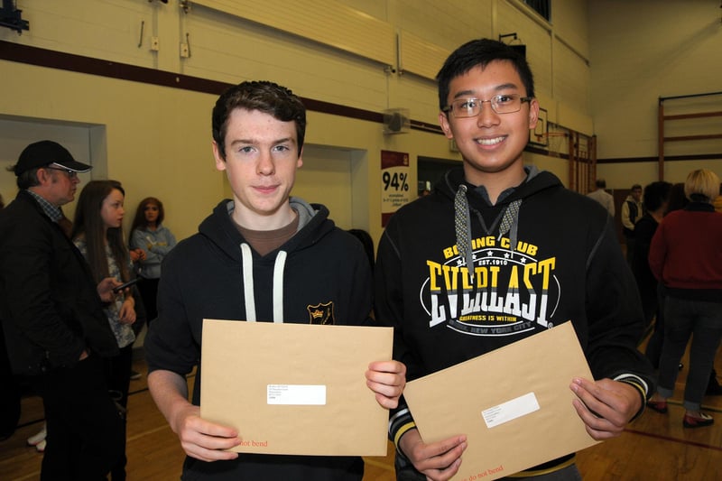 Ulidia students Reuben Dundas and Suny Fong receive their GCSE results in 2014. INCT 36-215-AM