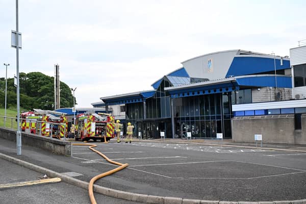 PSNI and Fire & Rescue crews pictured at Larne Leisure Centre following Wednesday night's fire.  Mandatory Credit - Kelvin Boyes / Press Eye