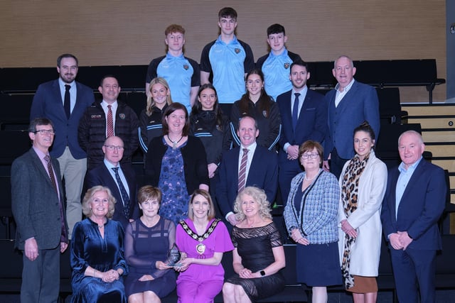 Civic award winners from St Mary's Grammar School pictured with Chair of the Council, Councillor Córa Corry and councillors at the Seamus Heaney HomePlace.