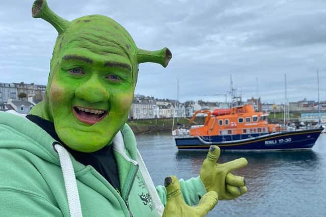Shrek - aka Aidan Hughes - on a tour of the north coast in preparation for Portrush Music Society's production of Shrek the Musical
