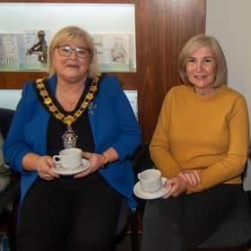 Lord Mayor, Councillor Mary O'Dowd, pictured at her charity coffee morning with guests, Lucille Lennon and Gerard O'Neill.