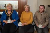 Lord Mayor, Councillor Mary O'Dowd, pictured at her charity coffee morning with guests, Lucille Lennon and Gerard O'Neill.