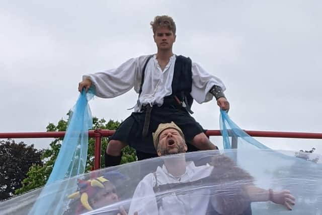 Actors Olly Hewitt, Charlie Mackay and Colleen Hedley, at the dress rehearsal for Heartbreak Productions’ MacHamLear. The show is coming to Bangor Castle Walled Garden on July 6.