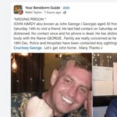 The 'Your Benidorm Guide' Facebook post seeking information about John Hardy.