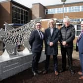 IEF Head of Public Affairs and Advocacy Paul Collins, author and screen writer Niall Leonard, sculptor Ross Wilson and Principal Ricky Massey at Integrated College Glengormley. (Pic: Contributed).