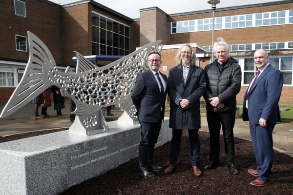 IEF Head of Public Affairs and Advocacy Paul Collins, author and screen writer Niall Leonard, sculptor Ross Wilson and Principal Ricky Massey at Integrated College Glengormley. (Pic: Contributed).