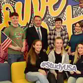 Ballymoney student Abbie McLaughlin (front centre) pictured with other Co Antrim Study USA students and Jonathan Stewart, Director, British Council Northern Ireland and Moira Doherty, Department for the Economy Credit: Pacemaker Press