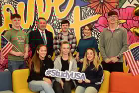 Ballymoney student Abbie McLaughlin (front centre) pictured with other Co Antrim Study USA students and Jonathan Stewart, Director, British Council Northern Ireland and Moira Doherty, Department for the Economy Credit: Pacemaker Press