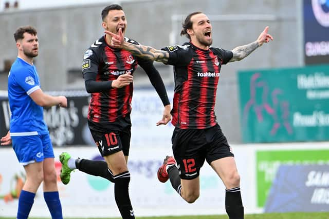 Declan Caddell celebrates his decisive goal for Crusaders against Dungannon Swifts in the Samuel Gelston's Whiskey Irish Cup semi-final at Mourneview Park