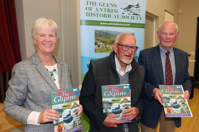Catriona Duncan, Chair of The Glens of Antrim Historical Society, Randal McDonnell, Donnell O’Loan, Editor of The Glynns at the launch of The Glynns Volume 50.

