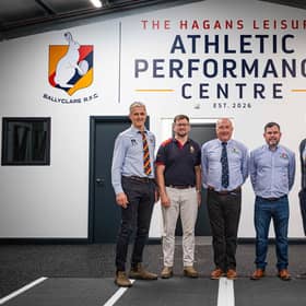 L-R Aran Blackbourne, Chairman, Ballyclare RFC; Rhys Cobain, Construction Manager, Ballyclare RFC; Sam Hagan, Chairman, Hagans Leisure; Gareth Hagan, Managing Director, Hagans Leisure; and Richard Lutton, Capital Projects Manager, Ballyclare RFC.  Photo: supplied