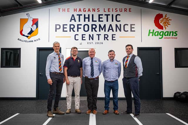 L-R Aran Blackbourne, Chairman, Ballyclare RFC; Rhys Cobain, Construction Manager, Ballyclare RFC; Sam Hagan, Chairman, Hagans Leisure; Gareth Hagan, Managing Director, Hagans Leisure; and Richard Lutton, Capital Projects Manager, Ballyclare RFC. Photo: supplied