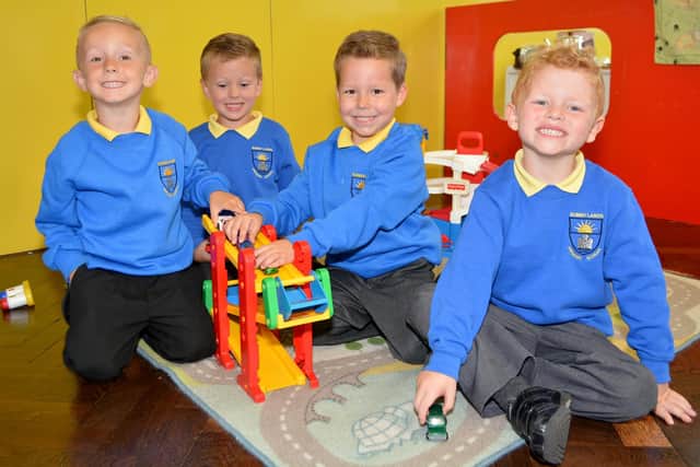 Tyrese Pattison, Ollie McClean, Riley Bristow and Jake Hegarty enjoying playing with the cars on their first day at Sunnylands Primary School in 2014. INCT 36-134-GR Photo: Graham Ross