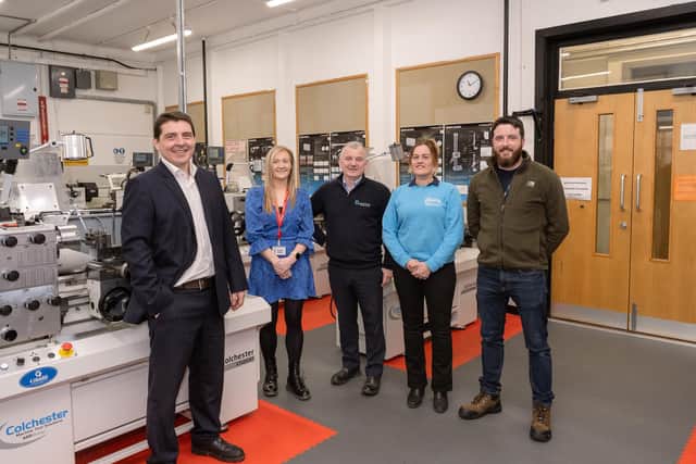 Pictured, from left, David Lynn, Curriculum Area Manager for Engineering at Northern Regional College; Alison Smyth, HR Executive at Tobermore Concrete; Peter Gormley, Managing Director at Sperrin Metal; Elita Frid, Education & Industry Engagement Manager at MEGA; and Ryan Stirling, lecturer in Engineering at Northern Regional College. Pic: Chris Neely