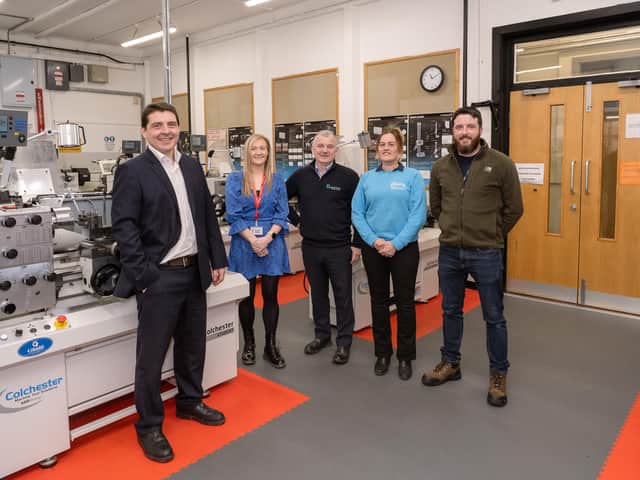 Pictured, from left, David Lynn, Curriculum Area Manager for Engineering at Northern Regional College; Alison Smyth, HR Executive at Tobermore Concrete; Peter Gormley, Managing Director at Sperrin Metal; Elita Frid, Education & Industry Engagement Manager at MEGA; and Ryan Stirling, lecturer in Engineering at Northern Regional College. Pic: Chris Neely