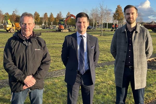 Pictured at Kernan Cemetery section C are Councillor Lavelle McIlwrath, Jonathan Buckley MLA and Councillor Kyle Moutray.