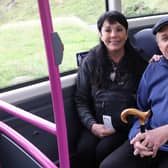 Kim and Kyle Carter from California onboard the Translink's new Zero Emission Minibus at the Giant's Causeway.  Credit: Tom Heaney, nwpresspics