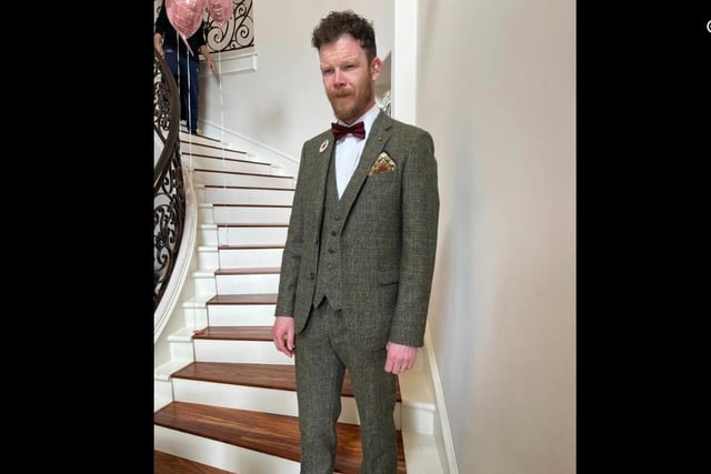 Actor Seamus O'Hara who appeared in the Oscar winning movie An Irish Goodbye poses for a photo prior to heading to the Oscars. Seamus is dressed in Magee 1866 - a stunning green tweed suit from Magee's in Donegal.