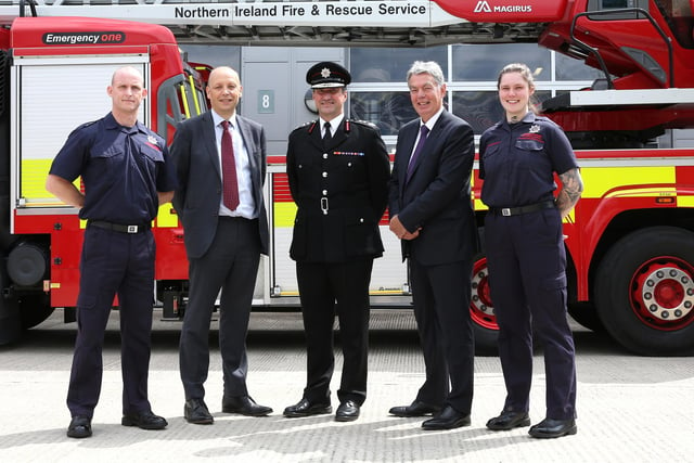 (L-R) Firefighter Gareth Weir; Permanent Secretary at the Department of Health, Peter May; NIFRS interim Chief Fire & Rescue Officer, Andy Hearn; NIFRS chairperson, Jay Colville; and Firefighter Hayley Agnew.