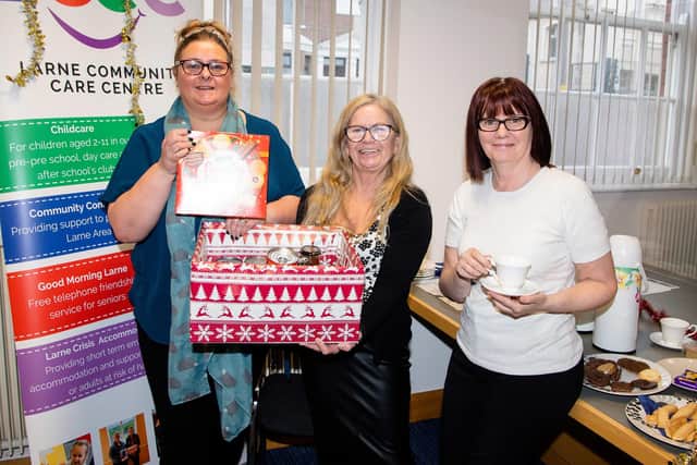 Pictured at the Housing Executive Homeless Awareness Week Coffee  Morning which was held at the Larne office are Linda Cameron, Housing Executive Counter Assistant, Lorraine Wilson, Housing Executive Leader Carrick and Larne and Ruth Corey, Larne Community Care Centre.  Photo: NIHE