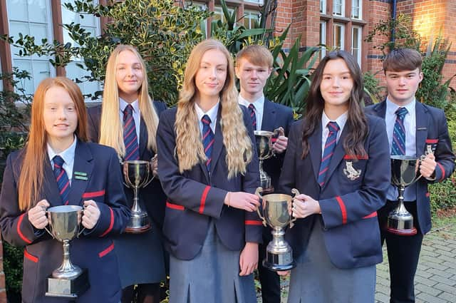 Lurgan College Trophy and Cup Winners Iona McIldoon, Lucy Latimer, Jodie Savage, Aaron Geddis, Sophie McCormick, Harry McMeekin