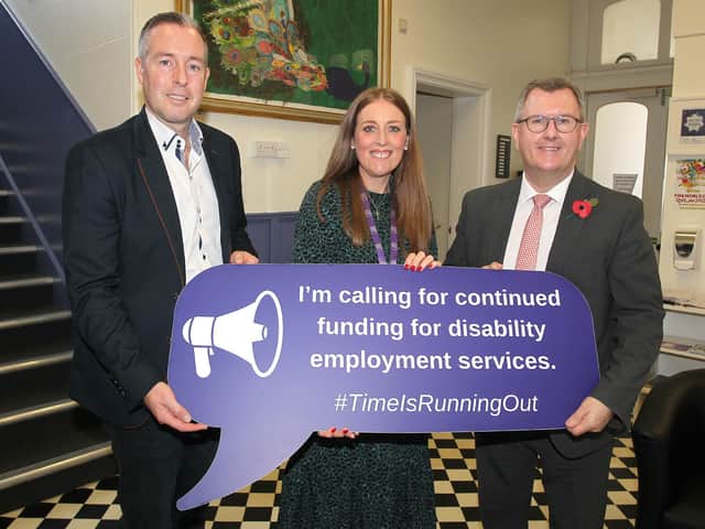 Paul Givan MLA, Michelle Bolton Action Mental Health New Horizons Lisburn Service Manager, and DUP leader Sir Jeffrey Donaldson MP.