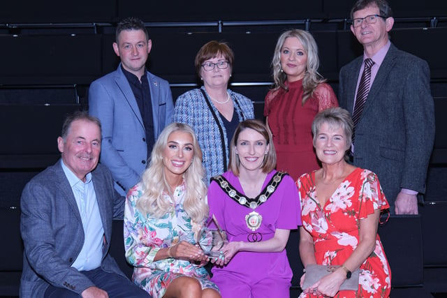 Pictured at the Civic Awards with Chair of the Council, Councillor Córa Corry is the family-run McNicholl Caravans with nominating councillors Martin Kearney and Christine McFlynn.