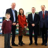 Integrated education supporter Gerald Steinberg; Sir Jeffrey Donaldson; principal Frances Hughes, IEF Campaign Chair David Montgomery and IEF Head of Campaign Paul
Caskey OBE and Rowandale pupils.. Picture: Integrated Education Fund